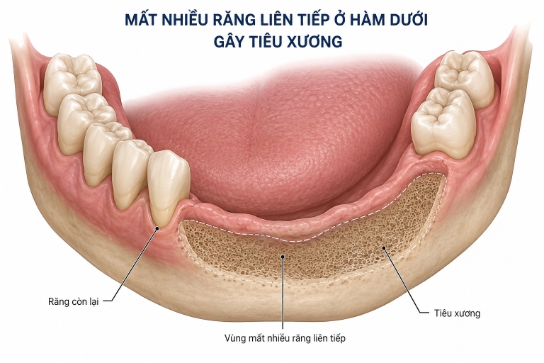 Mất nhiều răng khiến vùng xương bị tiêu nhanh