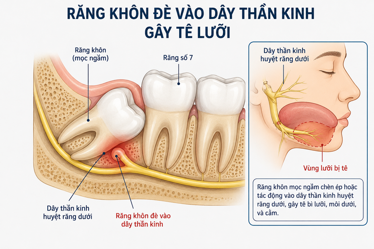 Tê lưỡi sau khi nhổ răng khôn do tác động chân răng chạm vào dây thần kinh hàm dưới