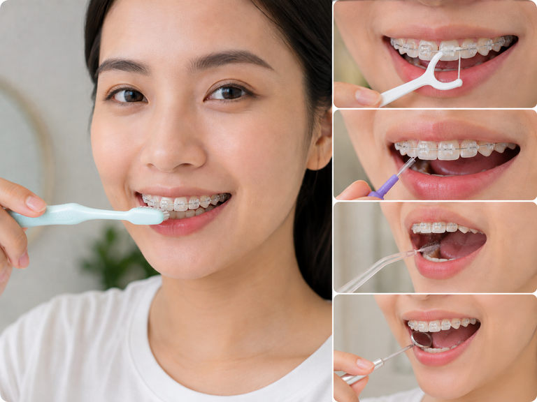 Vệ sinh khi niềng răng mắc cài sứ dây trong